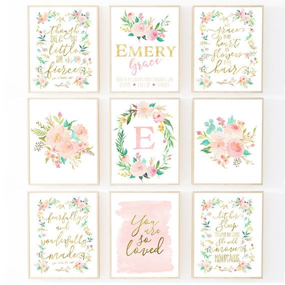 Blush Pink Nursery Floral Monogram Watercolor Letter Nursery Initial Art Floral Nursery with Flowers Light Pink Gold Baby Girl Nursery Art