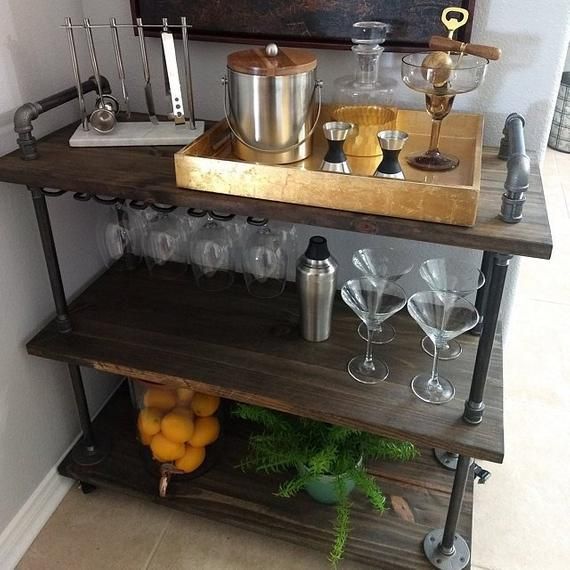 Industrial Bar Cart Rolling Rusty Metal Table Casters Reclaimed Wood Industrial Bar Cart Gold Bar Cart Metal Bar Cart