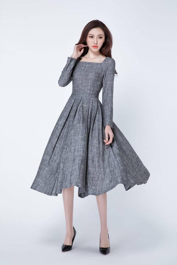 Graues Kleid, Fit- und Flare-Kleid, langärmliges Kleid Graues Kleid, Fit- und Flare-Kleid, langärmliges Kleid