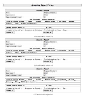 This printable sheet has three identical absentee report forms on which employees report having missed work. Free to download and print