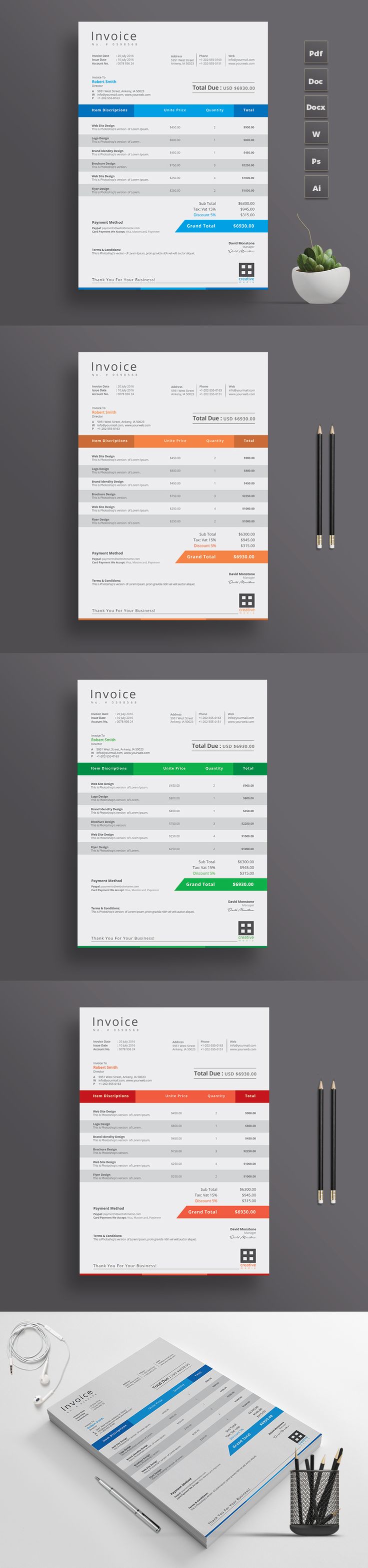 Simple Invoice Design Template with Microsoft Excel Version | A4 Paper Size | Print Ready | Microsoft Word Version Available too | Just download and Print | Color Options Available