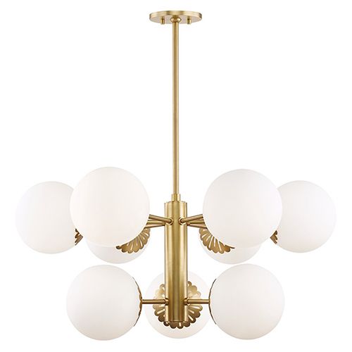 APOLLO 5 light chandelier in burnished brass with opal glass globe shades APOLLO 5 light chandelier in burnished brass with opal glass globe shades