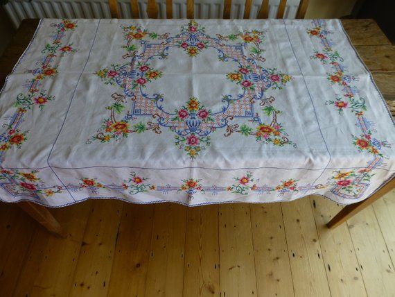 Vintage Embroidered Cross Stitch Tablecloth 124x128cm | Cross stitch