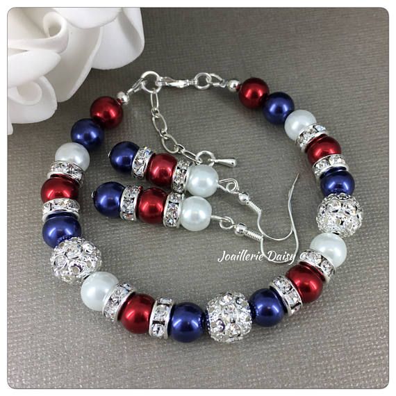 Patriotic Red White And Blue Pearls With Flag Charm Sterling Earrings Patriotic Red White And Blue Pearls With Flag Charm Sterling Earrings