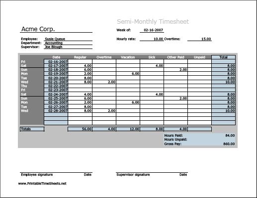 semi monthly timesheet horizontal orientation work hours time sheet calc