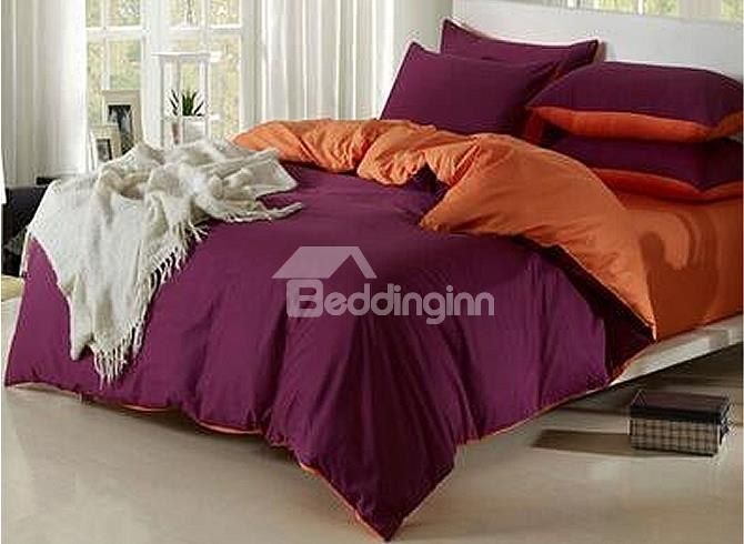 Solid Magenta And Orange Color Blocking Cotton 4 Piece Bedding Sets Duvet Cover Bed Linens Luxury Bed Linens Luxury Bedding Sets, Magenta Bedding Sets