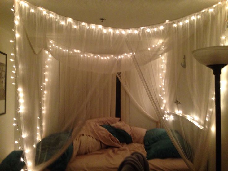 Twinkle lights in canopy bed Canopy Curtains, Canopy Bedroom, Diy ...