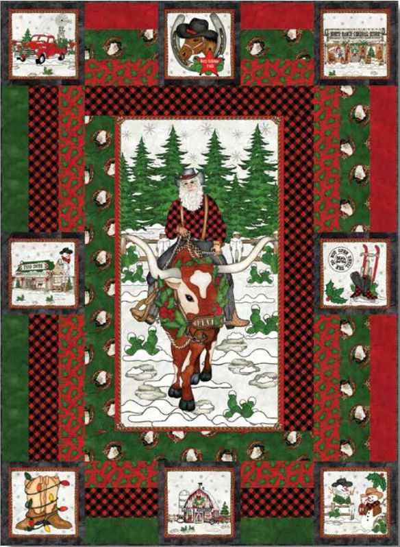 Blank Quilting Giddy Up Santa Red Truck On Plaid fabric last piece 32 inches