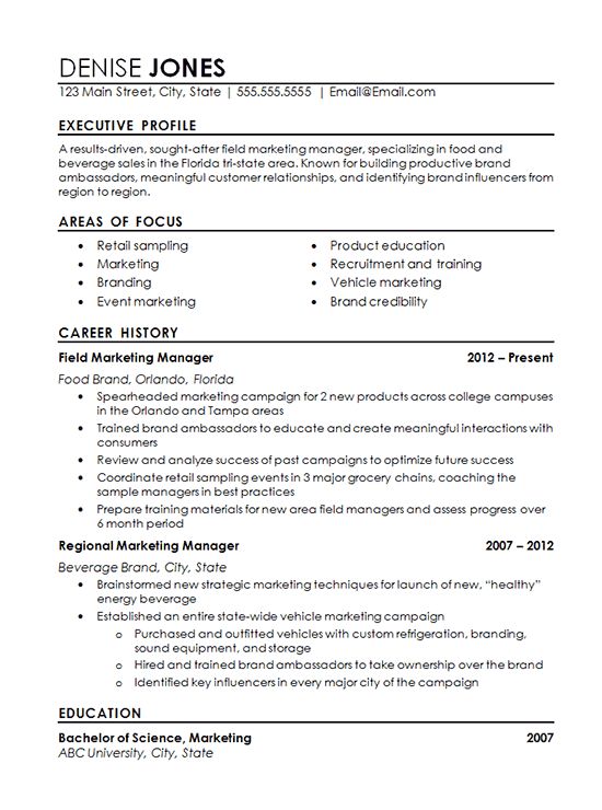 Regional marketing resume example for field marketing professional with expertise in the healthy food and beverage industry.