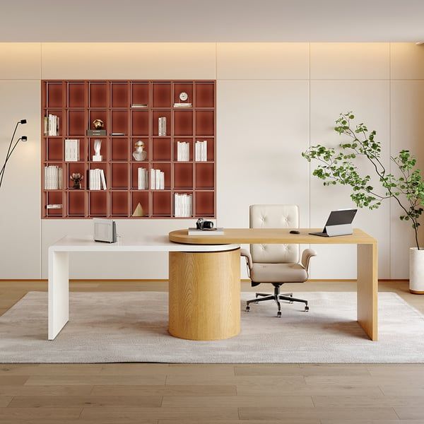 Modern L Shaped Desk in Natural & White with Cabinet & 2 Drawers