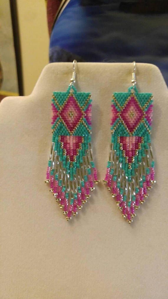 Native American Style Beaded Diamond Rug Earrings Turquois Native American Style Beaded Diamond Rug Earrings Turquoise Hot Pink Light And Silver Southwest