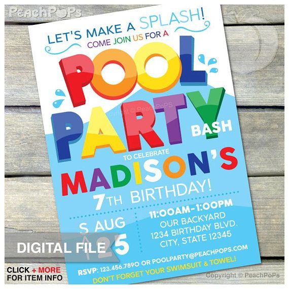 pool party birthday invitation summer swim splash blue