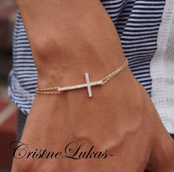 Celebrity Style Sideways Cross Bracelet With Cz Stones D Celebrity Style Sideways Cross Bracelet With Cz Stones Double Chain 14k Rose Gold Sterling Silver