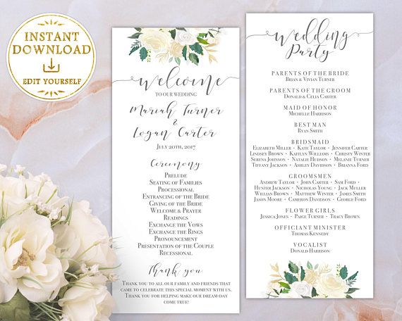 wedding program printable template order of service ivor