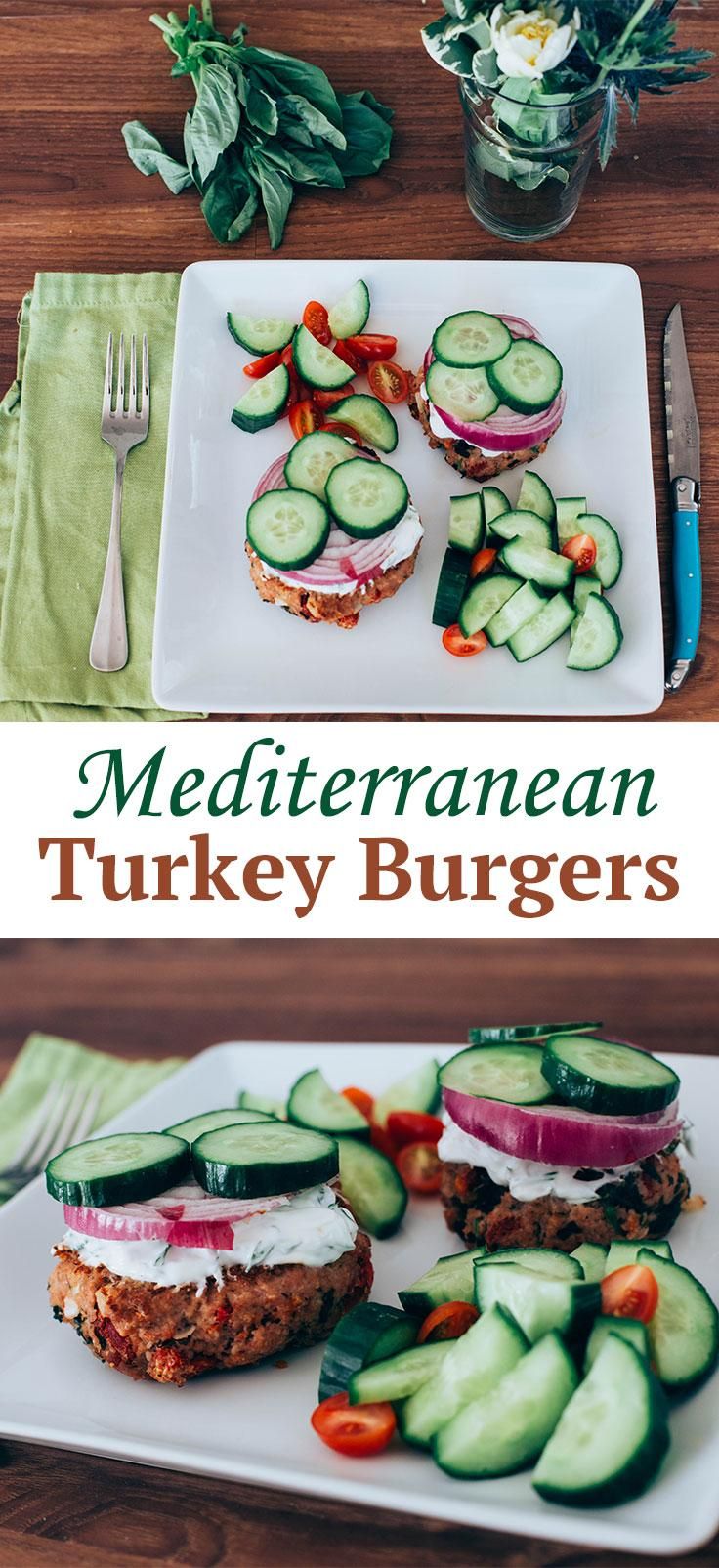 Mediterranean Turkey Burgers -- Topped with crunchy veggies and a tangy yogurt sauce, these high-protein turkey burger patties will fill you up on good stuff without weighing you down. // lunches // dinners // nutrition // healthy recipes // sun-dried tomatoes // feta cheese // beachbody blog Healthy Recipes, Healthy Nutrition, Cooking Recipes, Nutrition Facts, Optimum Nutrition, Nutrition Guide, P90x Recipes, Nutrition Plate, Gourmet