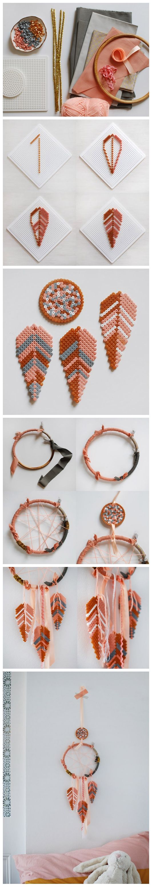 Make a lovely dream catcher with Hama bead feathers | Village Voices Perler Beads Ideas, Hama Beads Patterns, Beading Patterns, Yarn Ribbon And Thread, Atrapasueños Diy, Art Perle, Motifs Perler, Peler Beads, Iron Beads