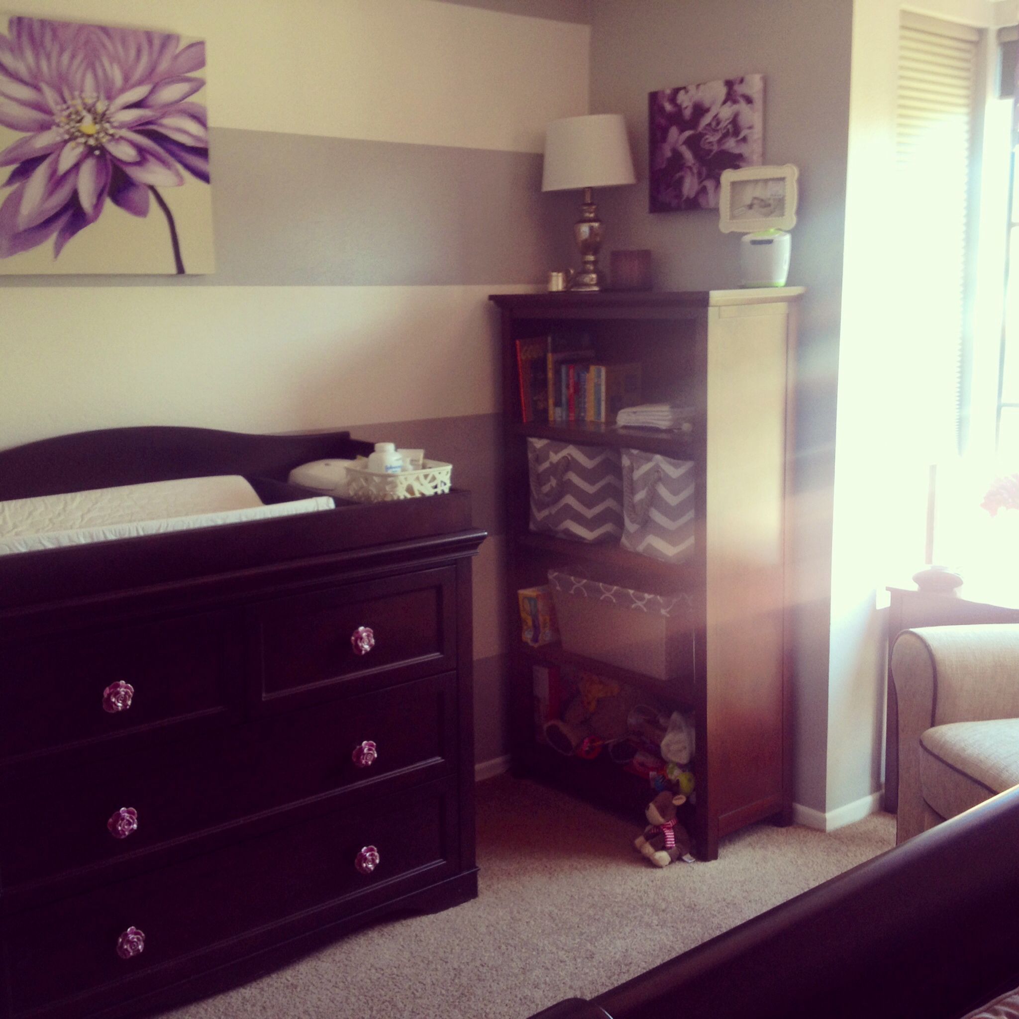 Purple and gray nursery with dark furniture Grey Nursery Decor, Nursery ...