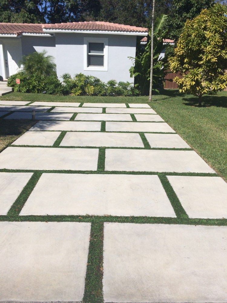 Concrete Slab Driveway | Concrete Pads, Squares & Blocks Miami | Cricket Pavers Cement Driveway, Permeable Driveway, Driveway Design, Paver Driveway, Driveway Landscaping, Stone Walkway, Driveway Ideas, Front House Landscaping, Large Concrete Pavers