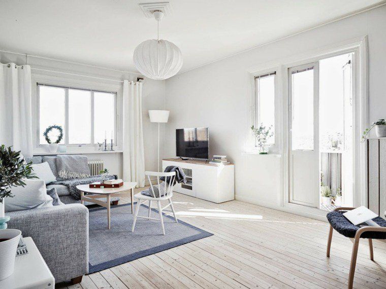 idée déco salon style scandinave avec sol en bois et canapé gris