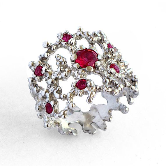 Red Stone Ring Statement Ring Sterling Silver Ruby Band Ring CORAL Ruby Ring for Women Wide Ruby Wedding Band Ring