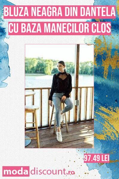 Cauti Bluza neagra din dantela cu baza manecilor clos care sa te puna in valoare? Comanda acum online de pe ModaDiscount.ro si nu rata Bluza neagra din dantela cu baza manecilor clos la doar 97.49 lei. Lei