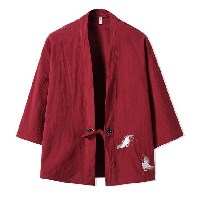 Mens Cardigan Robe Chinese Style Crane Embroidery Vintage Cotton and Linen Kimono Male
