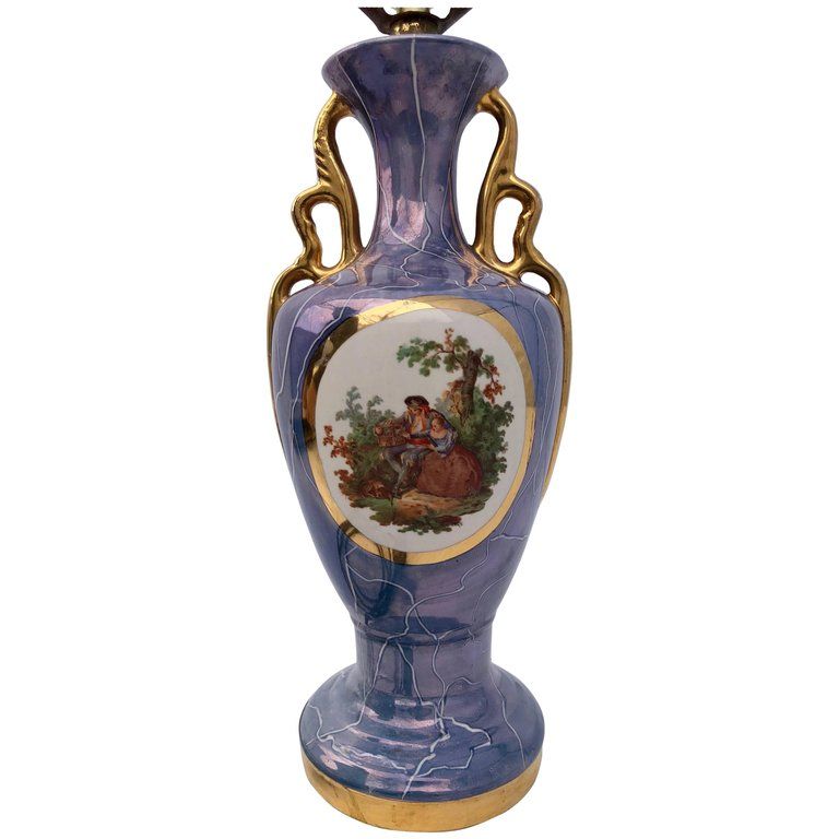 Antique Lamp Pastoral Scene Art Nouveau oil lamp, blue glass tank