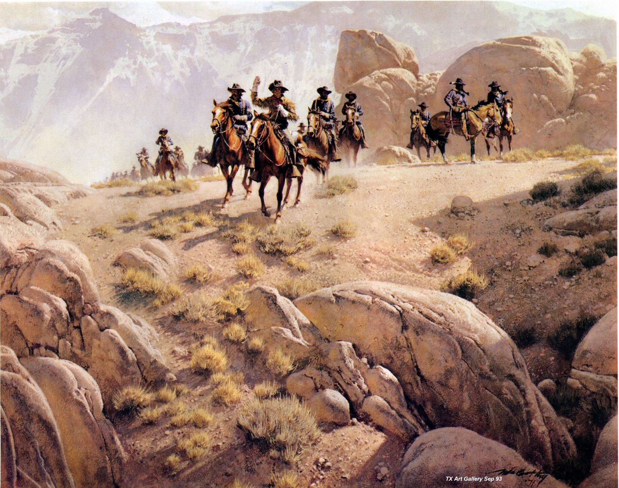 Bison hunt horseback Native Americans hunting party Western art by Frank C McCarthy vintage print Wild West theme Americas Old West