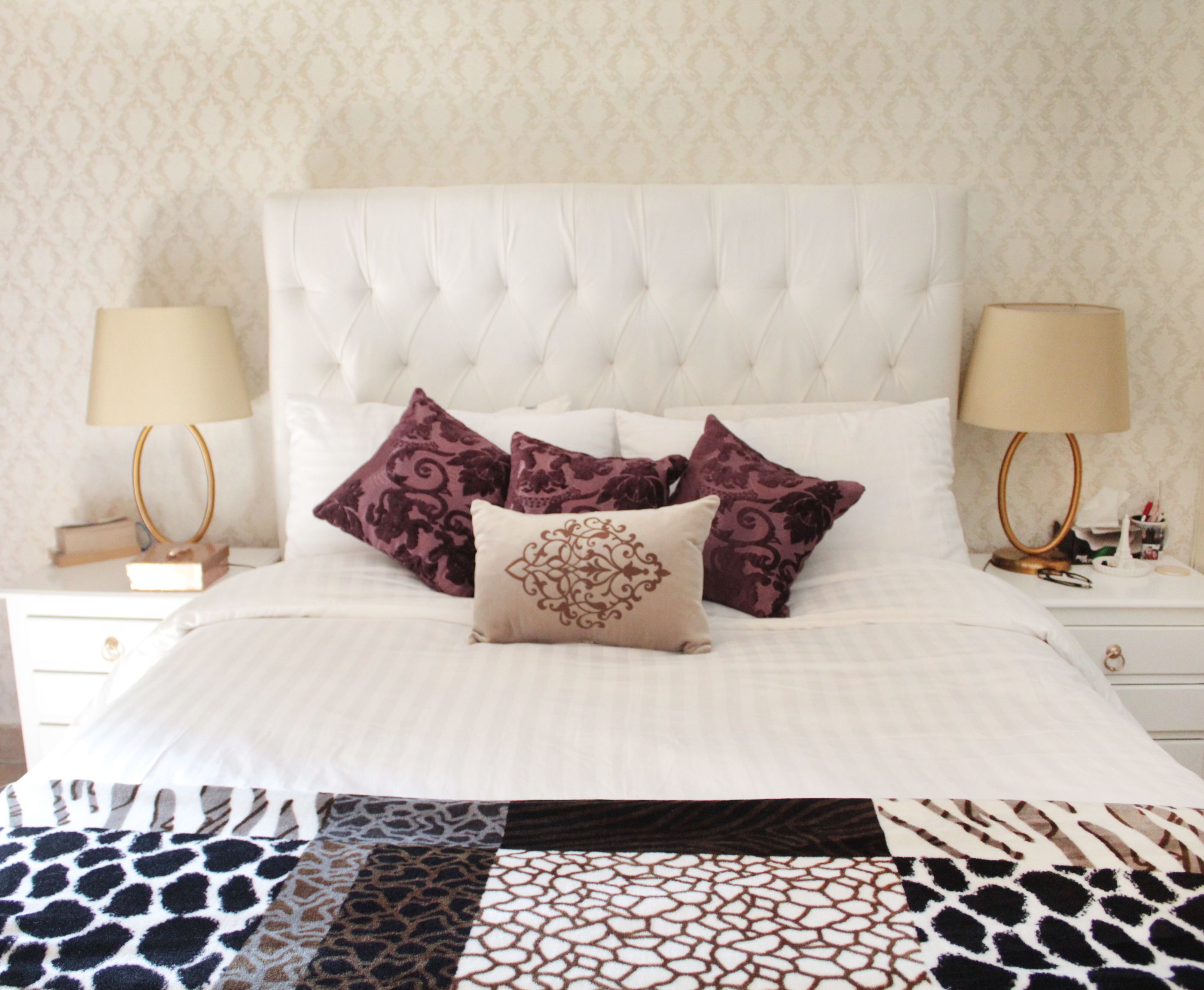 White and gold bedroom Tufted headboard ivory gold tufted lamps
