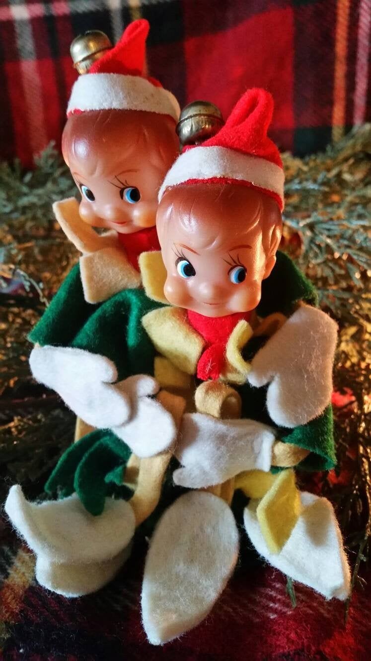 Vintage Felt and Bead Red and Green Beaded Felt Elf Poseable Elf Christmas Elf Knee Hugger Christmas Pixie Christmas Decoration