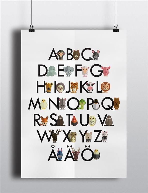 Grafisk a3 poster alfabetet bokstäver djur barnrum läromedel på ...