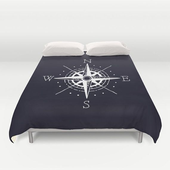 Navy Blue And White Nautical Compass Duvet Cover Comforter 3 Sizes Available King Queen Twin Bedding Travel Room Nautical Compass Duvet Cover, Nautical King Size Bedding