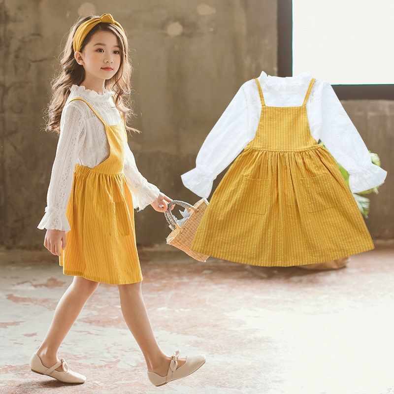 Girls Clothes Set 2018 Fall Blouse + Yellow Overall Dress Teenager Girls Fashion Toddler Girl Clothing Back To School Outfits 10 #teenagegirlclothes