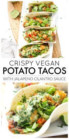 Crispy Vegan Potato Tacos with Jalapeño Cilantro Sauce - This Savory Vegan