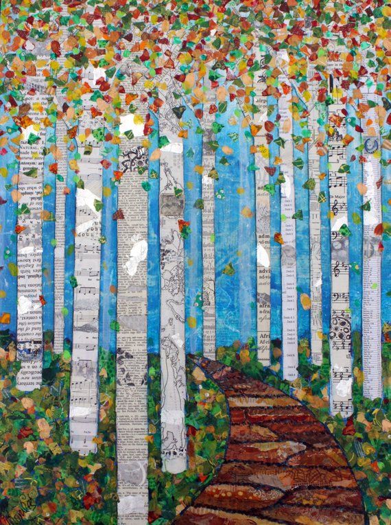 Items similar to Falling Leaves - Mixed Media Collage Print - Various Sizes - Tree Art - Nature Art - Birch Trees - Aspen Trees -Lisa Morales on Etsy