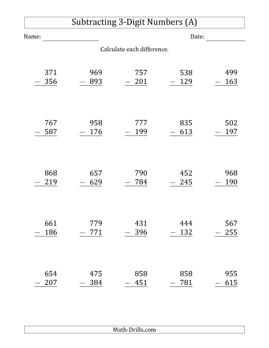 Worksheets Addition And Subtraction Worksheets For 2nd Grade the 3 digit minus subtraction a math worksheet from worksheets page at drills com