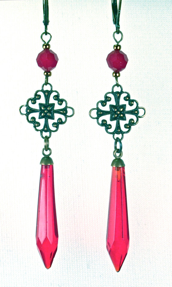 Antique Chandelier Red Crystal Earrings With Stunning Brass Filigree Antique chandelier red crystal earrings with stunning brass filigree on antique brass lever backs @}-,-;-- - Antique Chandelier Red Crystal Earrings With Stunning Brass Filigree