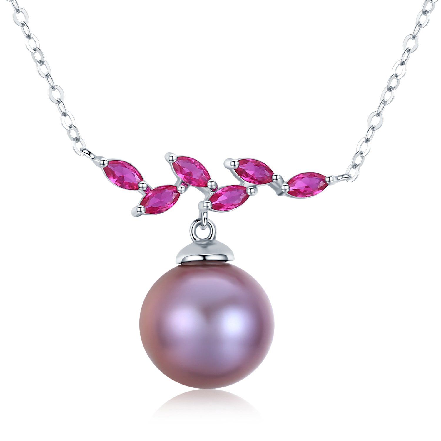 Delicate and feminine. A single rose-colored Edison Pearl sways from a branch of fuchsia crystal petals. Pearl Size: 10mmPearl Type: EdisonGrade: AAAColor: PurpleLuster: Outstanding LusterPearl Shape: RoundPendant & Chain Metal: Rhodium Plated Over Sterling Silver Gemstone: Zircon Edison Pearls, Pearl Necklace, Pendant Necklace, Single Rose, Real Pearls, Pearl Types, Round Pendant, Pearl Size, Rose Color