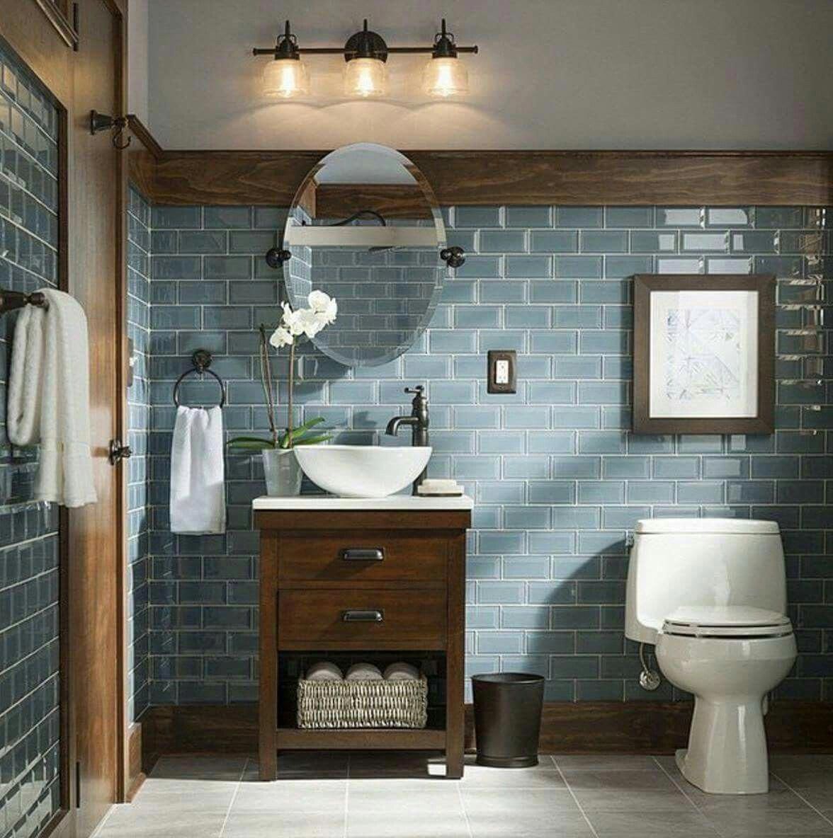 Rustic and Modern Bathroom Blue Grey Glass Tiles