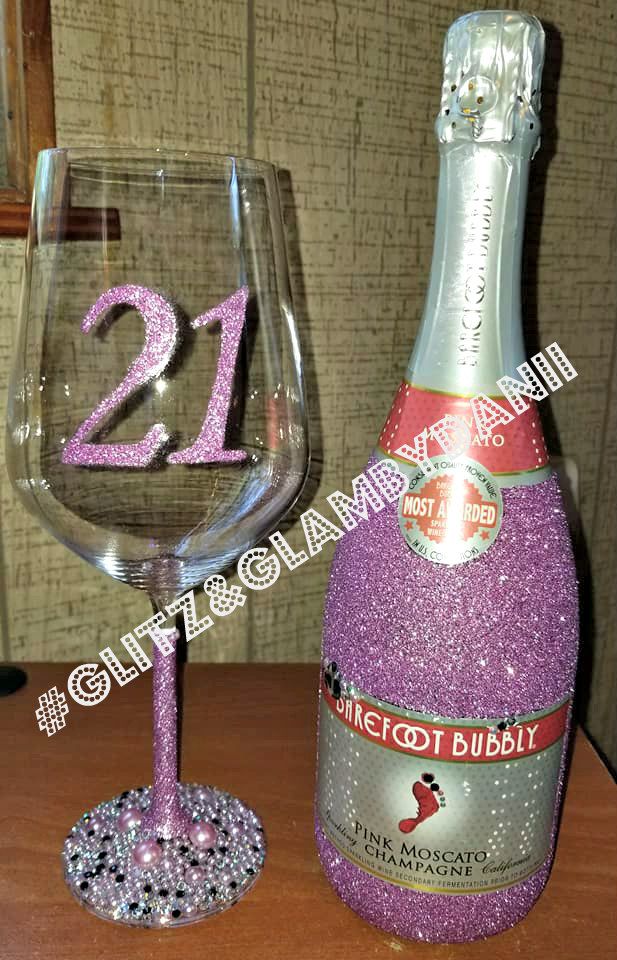 21st Birthday Personalized Glitter Stemmed XL Wine Glass with matching ...
