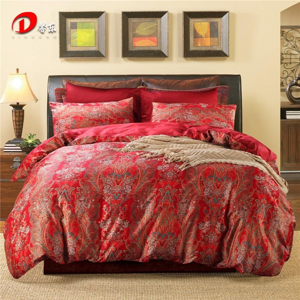 Luxury Phoenix Satin Bed Set Dark Red Egyptian Cotton Bedding Luxury Phoenix Satin Bed Set Dark Red Egyptian Cotton Bedding King Queen Size High Quality