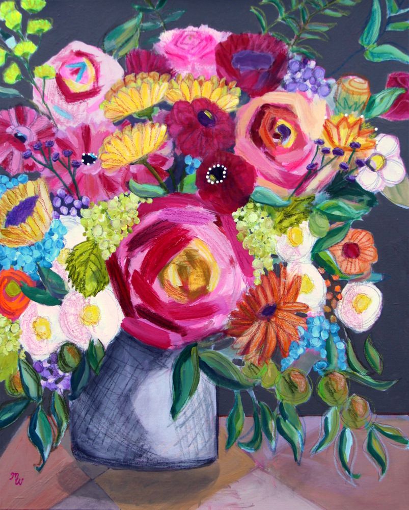 Happy+Girl+original+mixed+media+floral+painting+by+Merrill