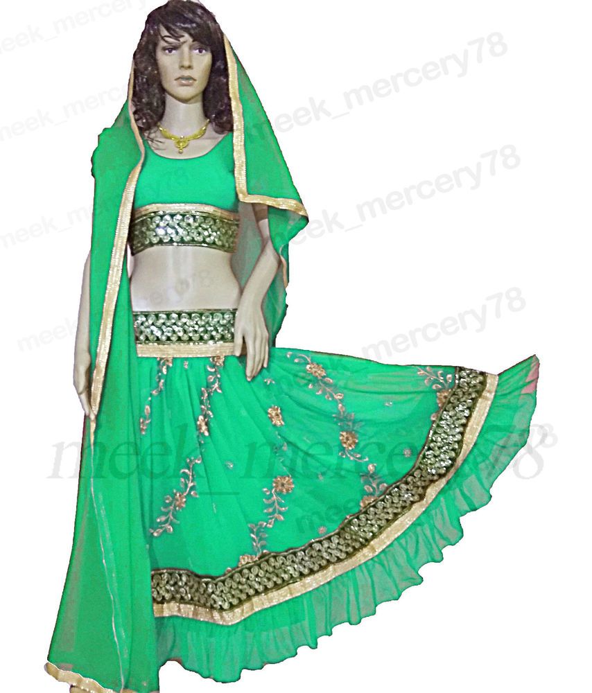 Green Bollywood Dancing Sari Chimki Work Embroidered Belly Dancing Skirt Sequin