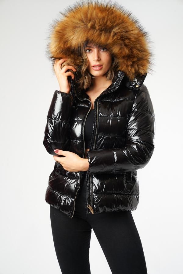 Shiny Black Belted Puffer Coat With Faux Fur Hood Jacket Belted Puffer Coat With Faux Fur Hood, Black Faux Fur Hooded Belted Puffer Coat