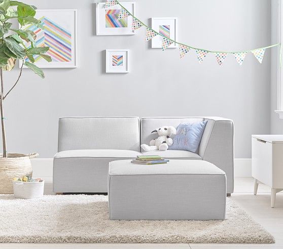 Piped Cushy Sectional Set, Super Sectional, Armless, Armless, Corner, Ottoman, Faux Suede Grey | Pottery Barn Kids Lounge Furniture, Baby Furniture, Pottery Barn Kids, Chair And Ottoman, Chair Cushions, Space Saving Beds, Dollhouse Living Room, Kids Sofa, Corner Chair