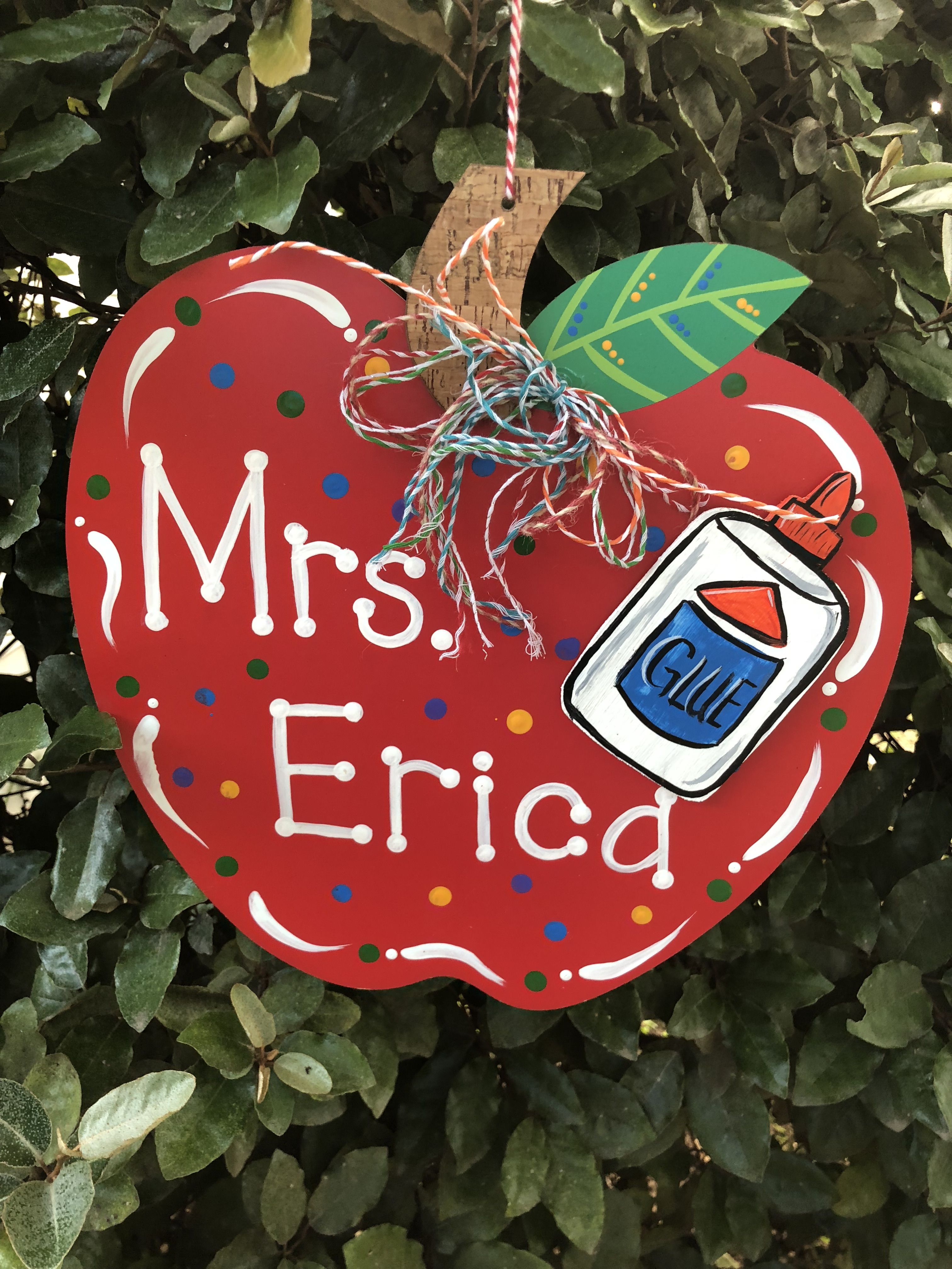 Apple teacher glue wooden door hanger Teacher ornaments, Wooden