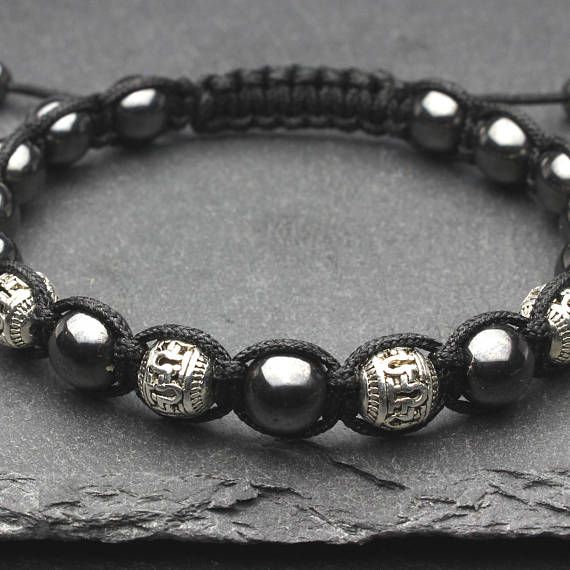 Elégant BRACELET Homme STYLE Tibétain Mala Perles métal+HEMATITE+fil nylon NOIR
