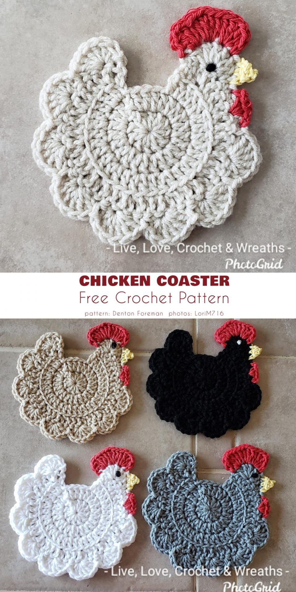 Chicken Coaster Free Crochet Pattern Crochet Coasters Free Pattern, Crochet Potholders, Free Easy Crochet Patterns, Free Christmas Crochet Patterns, Crochet Ornaments Free Pattern, Crochet Circle Pattern, Knit Coaster, Granny Square Pattern Free, Granny Square Tutorial
