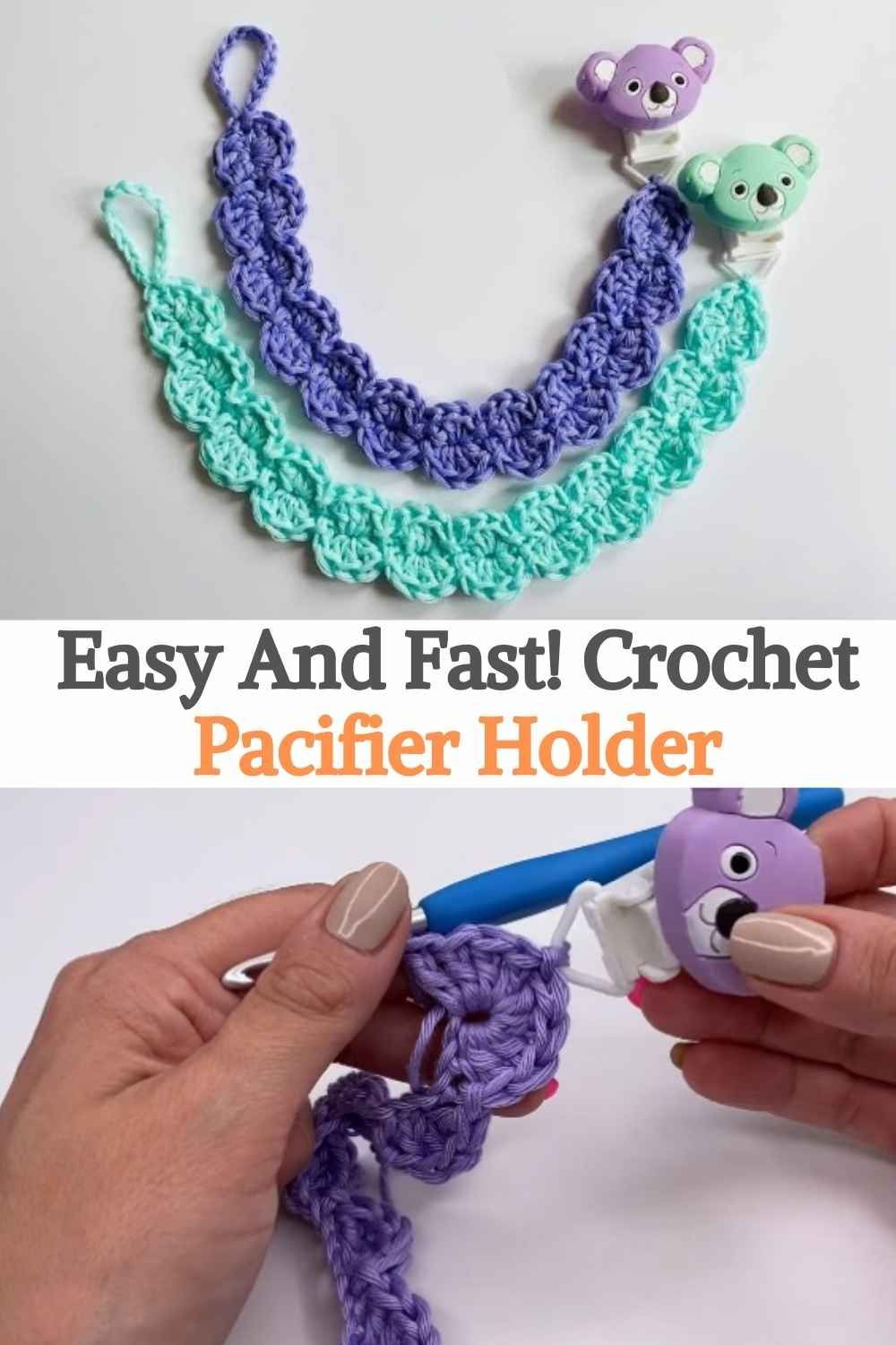 Today we will learn how to crochet our own clip or pacifier holder. This free crochet pattern is perfect for a quick little project for beginners. It also becomes a super useful object for moms, because only those who have children know how many times babies drop on the floor or lose their pacifiers, sometimes getting them costs us hours that are so necessary to attend to other things at home! This is quite an easy pattern and it is a nice gift for your babies. Don't waste time... Crochet Baby Mobiles, Crochet Baby Bibs, Crochet Mobile, Easy Crochet Baby, Baby Crochet Patterns Free, Crochet Headband, Crochet Gifts, Crochet For Kids, Pacifier Holder Pattern