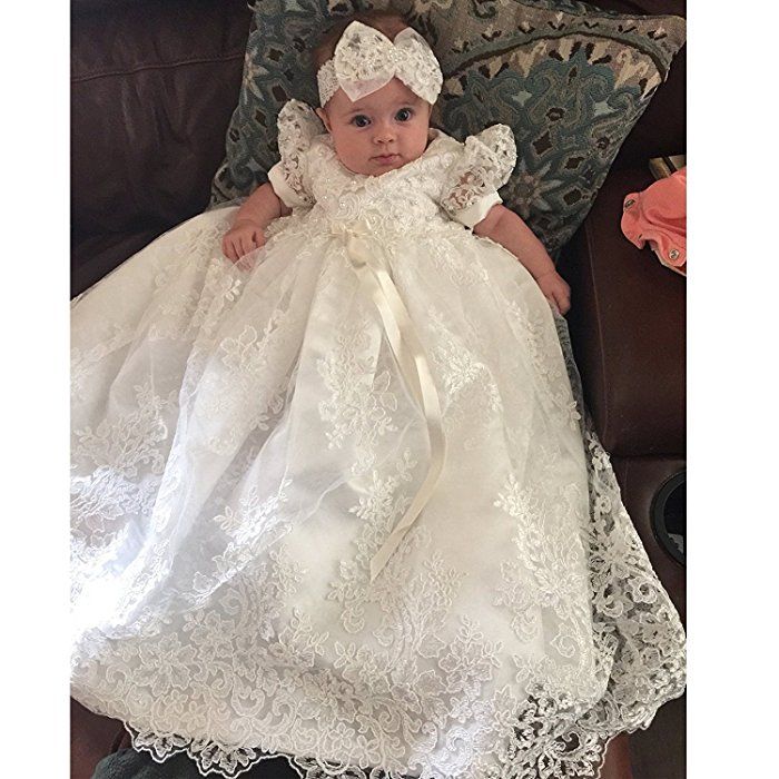 Newborn Baby Christening Gown Infant Lace Baptism Dress with hat//bonnet 3 6 12 M